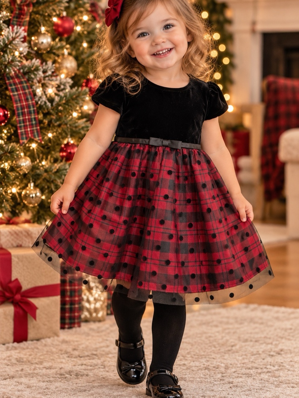 George Girls Christmas Holiday Dress 2T Red Plaid Black Velvet Tulle